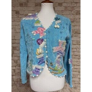 Design Options Blue Cardigan Sequins Mittens Christmas Sweater Stocking Small
